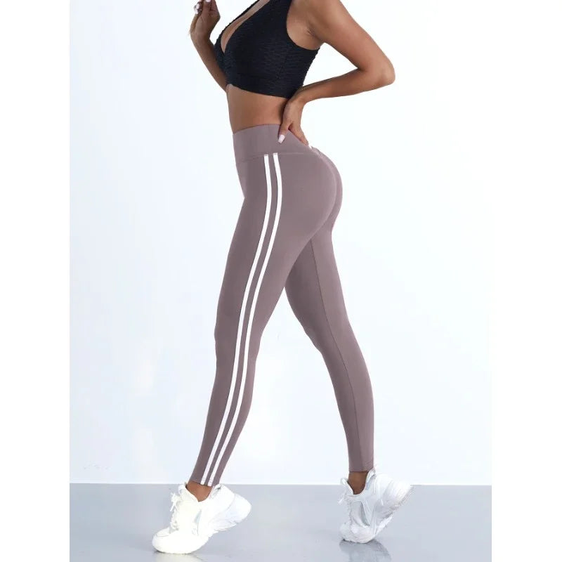 Premium Yoga Leggings - Randiga Träningsbyxor med Hög Midja